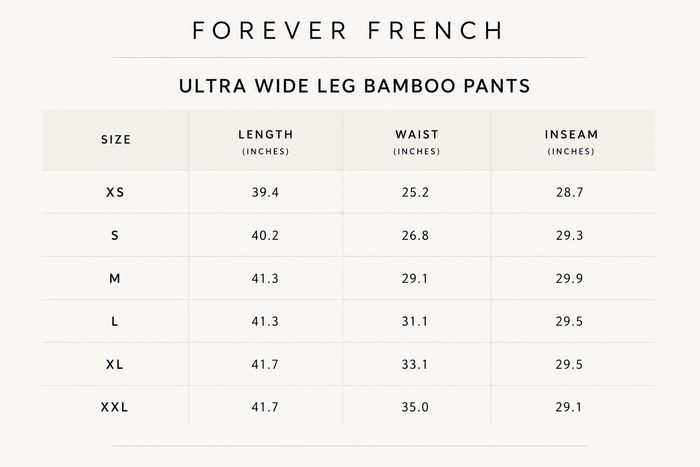 Size chart for forever french baby Women's Bamboo Wide Leg Pants in Cherry Red, featuring breathable fabric and showing XS-XXL sizes with length, waist, and inseam measurements in inches.