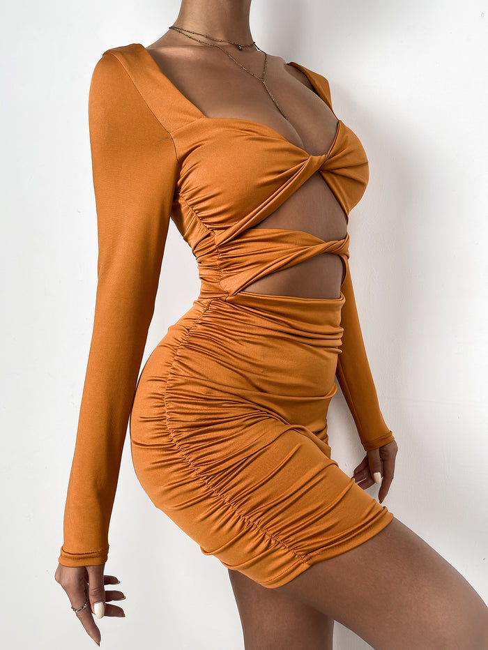 Women’s Deep V Tie-Pleated Dress – Sheer & Flowing Elegance