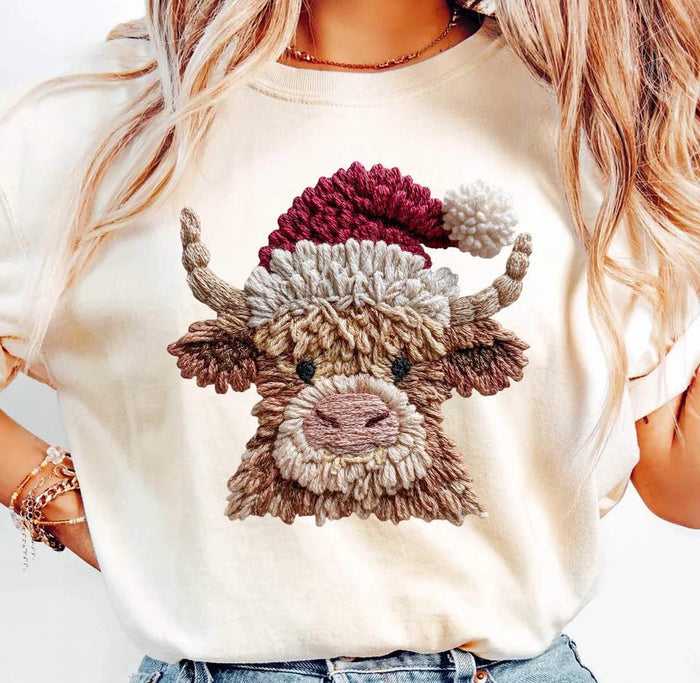 WS Christmas Faux Embroidery Highland Cow Western Graphic T