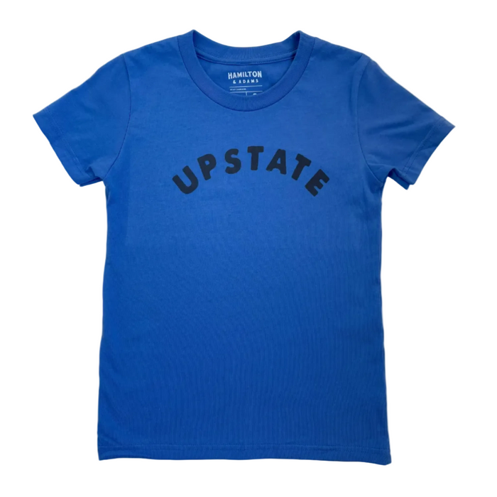 Blue t-shirt with 'UPSTATE' text on a gray background