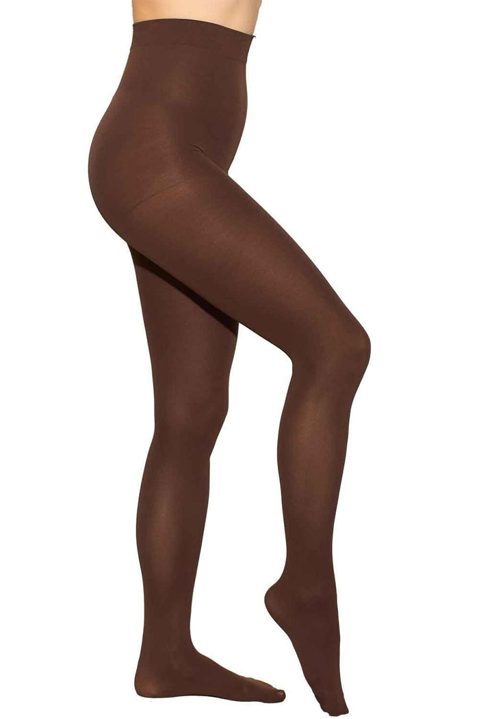 Brown tights worn by a  model on a white background