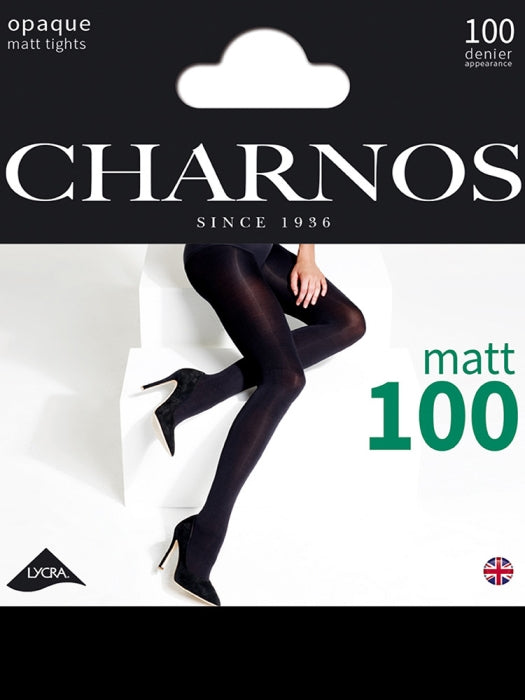 Charnos 100 denier opaque matt tights packaging with a model wearing the tights.