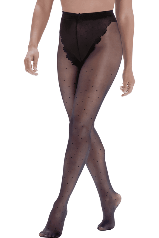Black sheered tights with dot pattern worn by a model on a white background