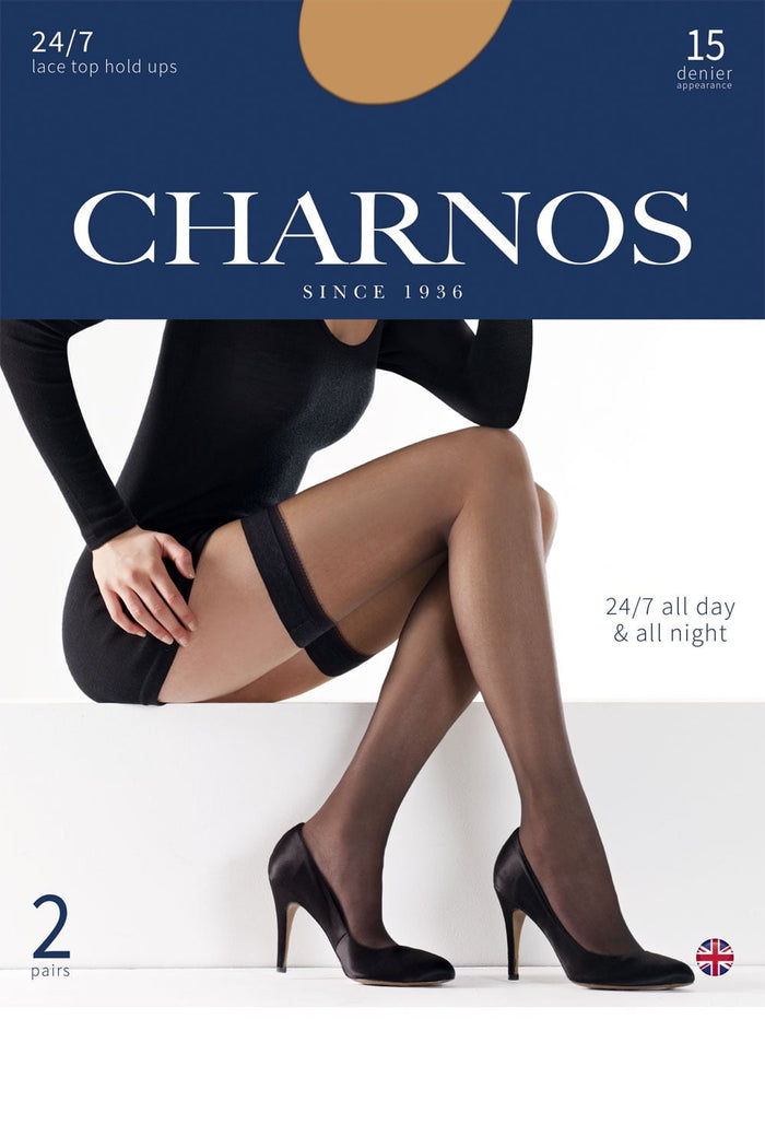 Charnos sherry coloured lace top hold ups  advertisement with a model  and high heels on a white background.