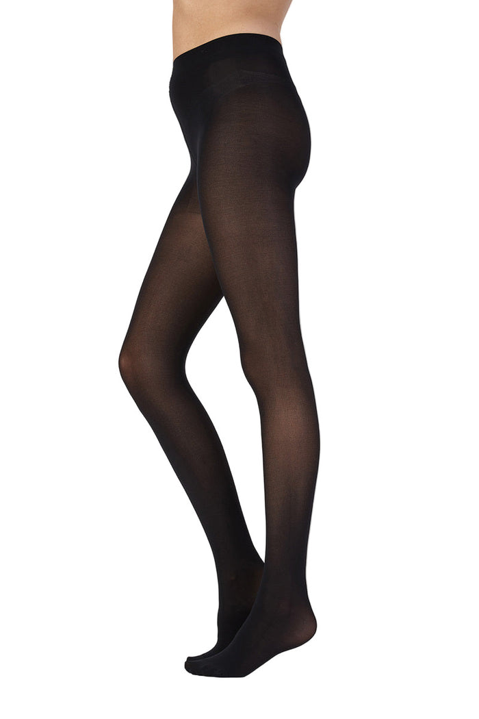 Black tights worn by a person on a white background