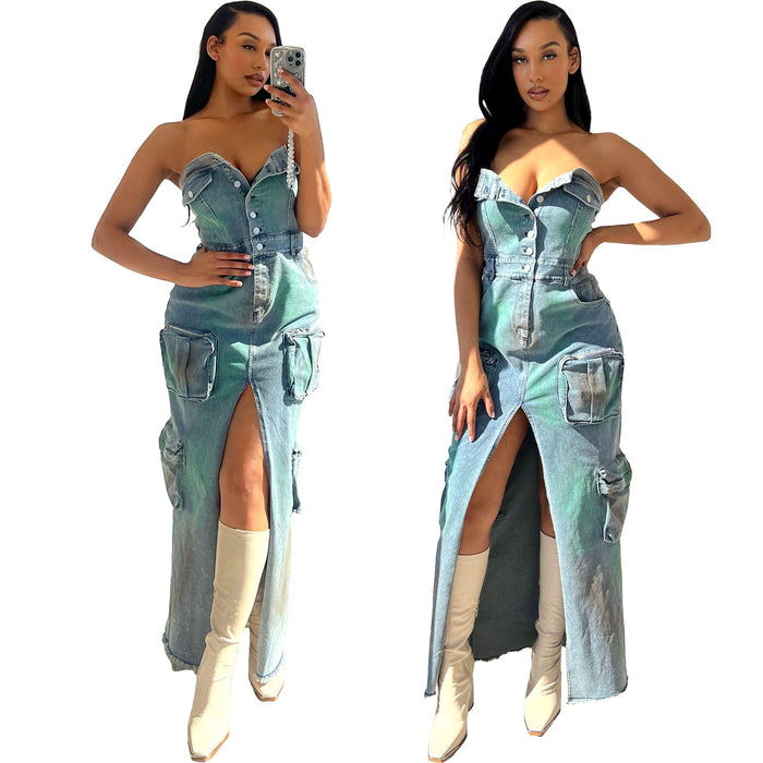 3D Pocket Sexy Bandeau One Shoulder Tie Dye Split Tooling Bag Dress