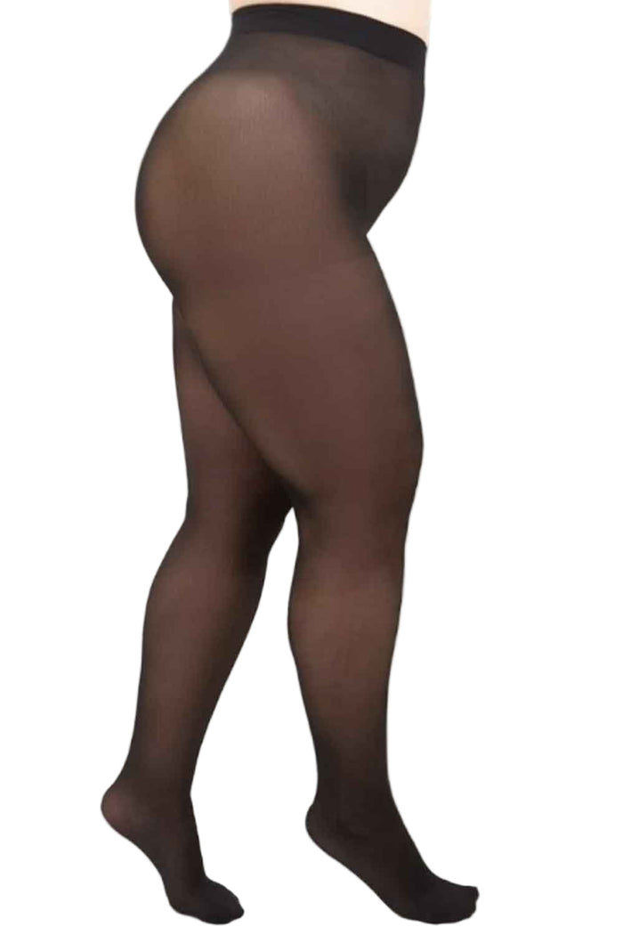 Allana Black 40 denier plus size tights worn by a model on a white background