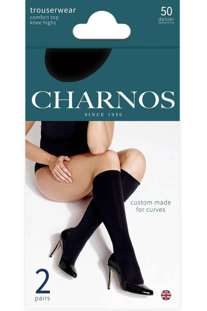 Charnos tights packaging with a model wearing black knee highs and shoes.