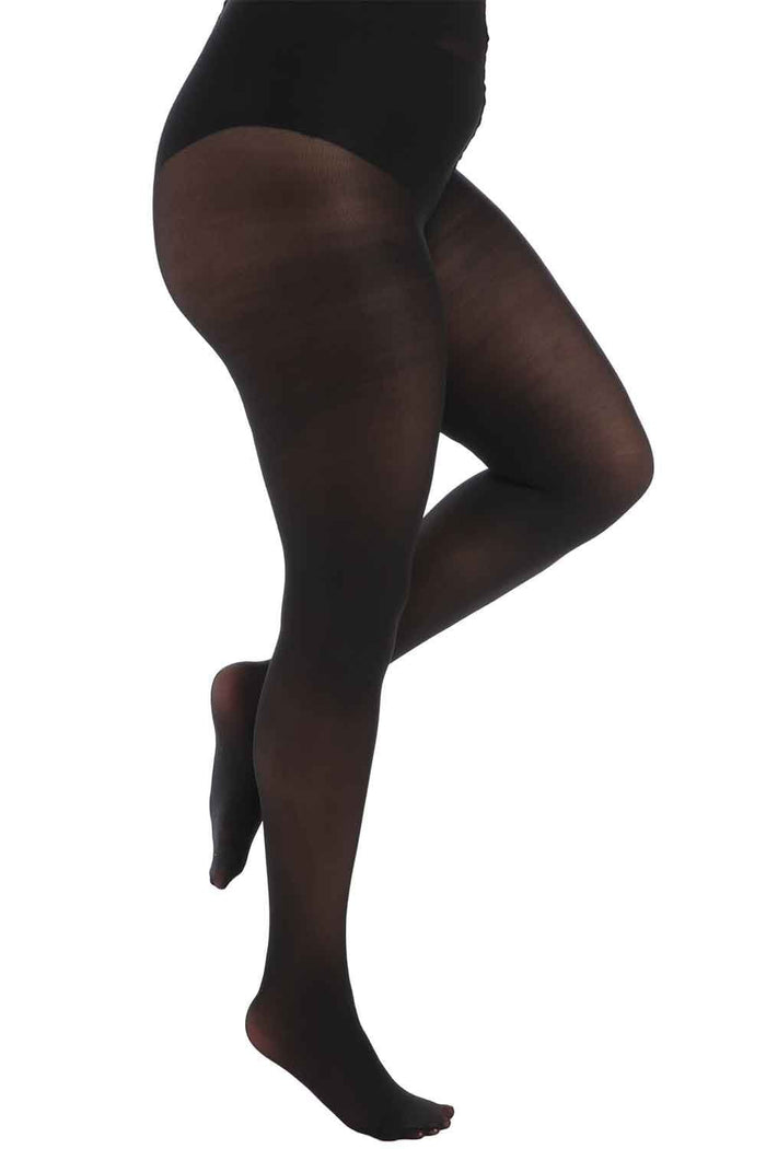 Black  plus size super stretch  opaque tights worn by a person on a white background