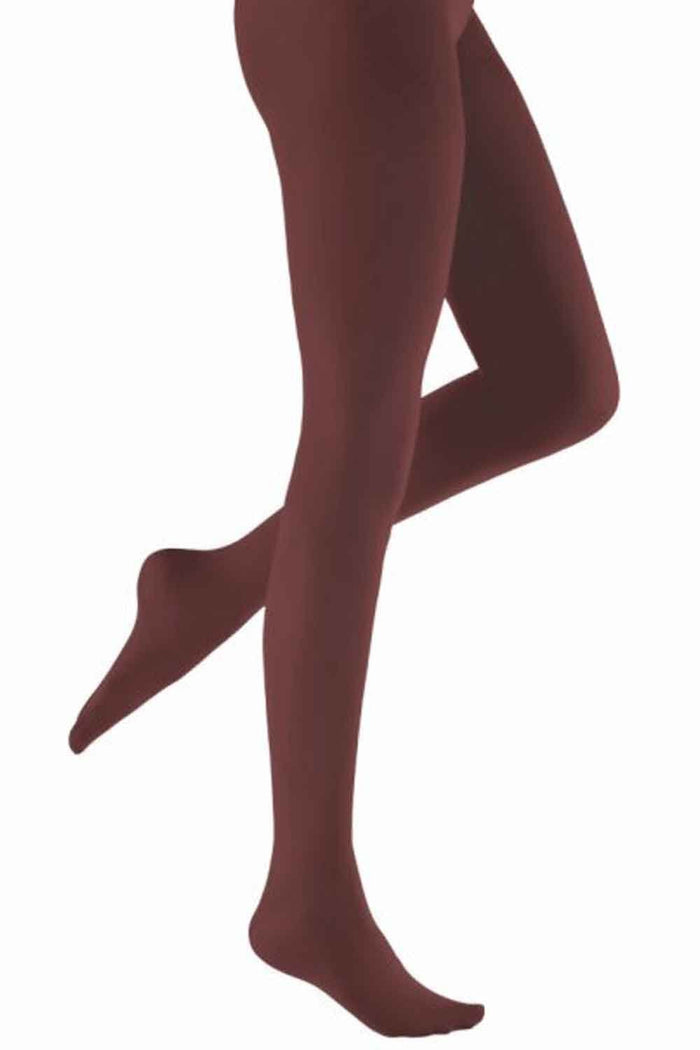 Brown cinnamon tights worn by a person on a white background