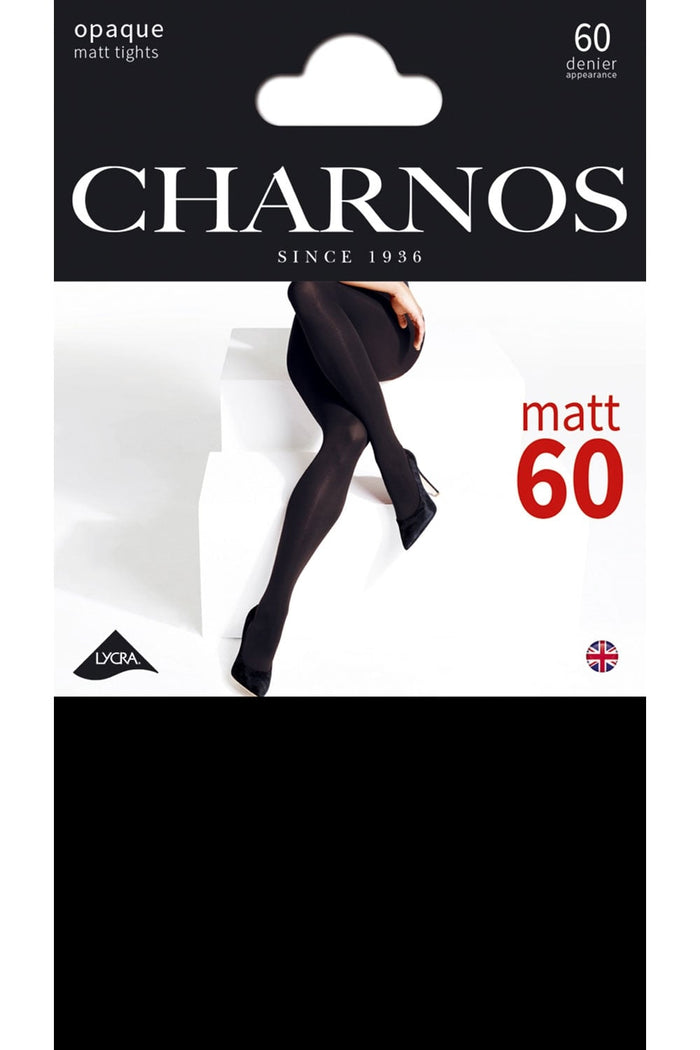 Charnos 60 denier opaque matt tights packaging with a model wearing the tights.