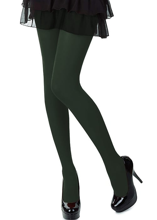Charnos bottle green opaque tights worn with black shoes on a white background