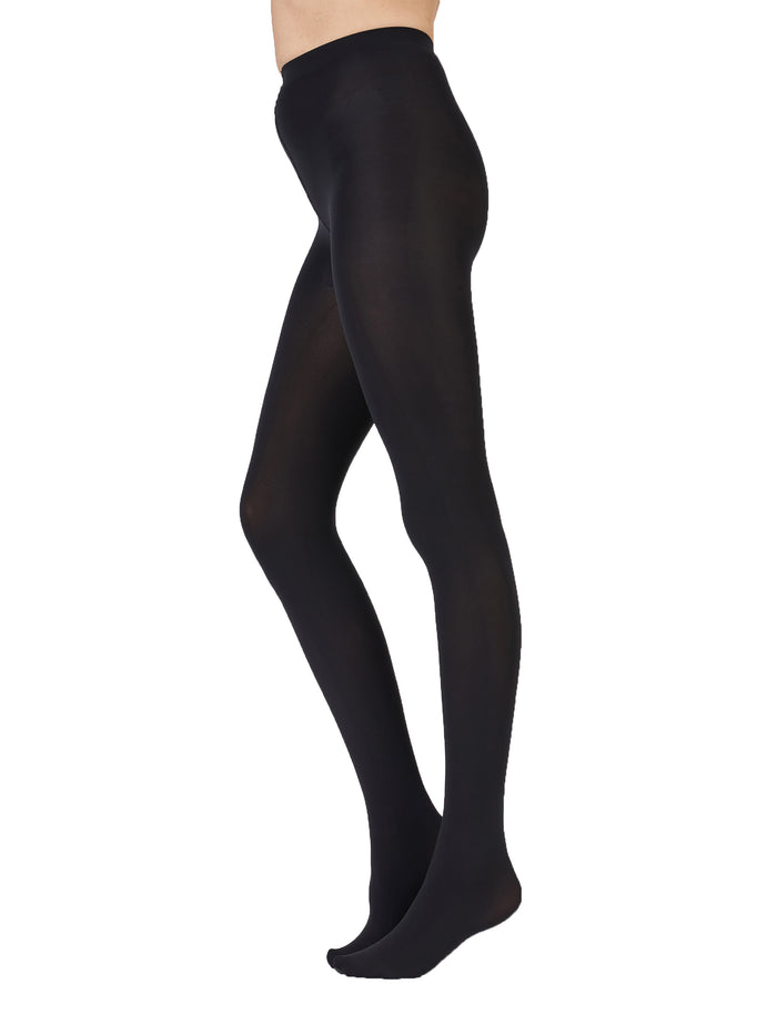 Black tights worn by a person on a white background