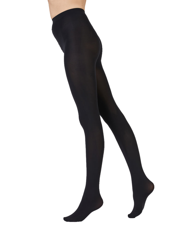 Black tights worn by a person on a white background