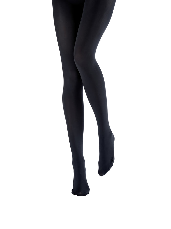 Black tights worn by a person on a white background