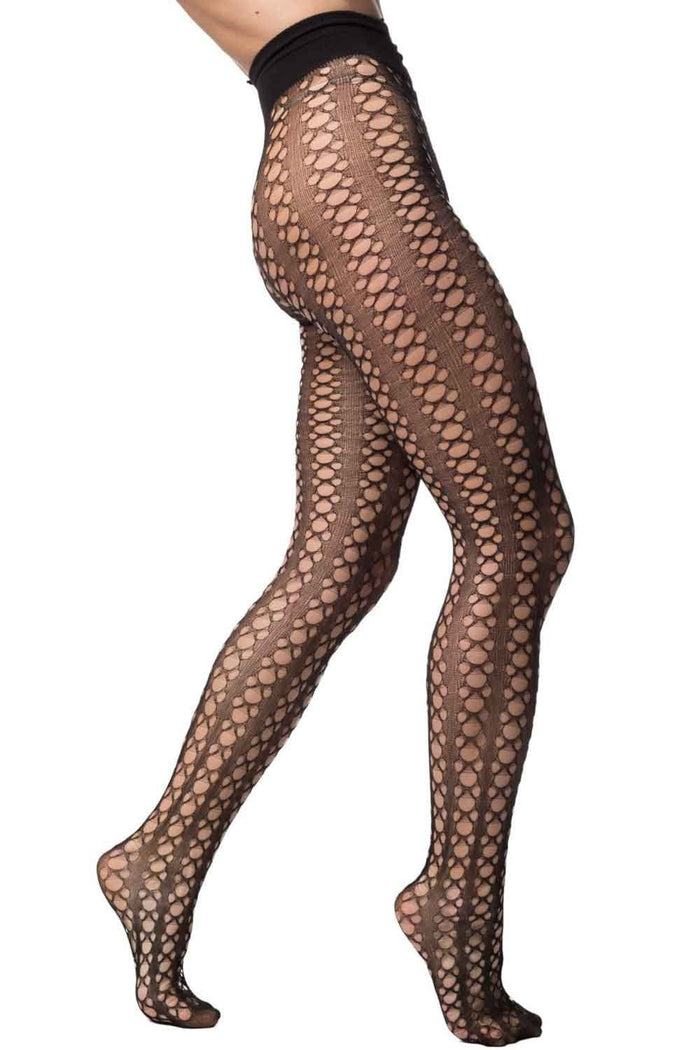 Geometric patterned fishnet tights on a white background