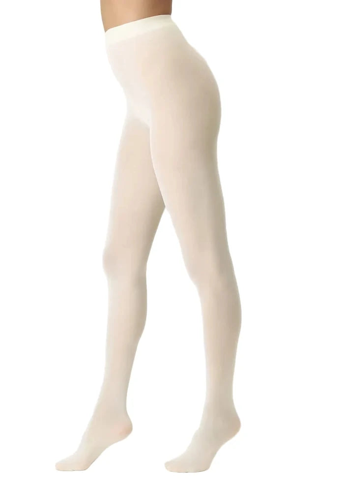 Beige tights worn by a person on a white background