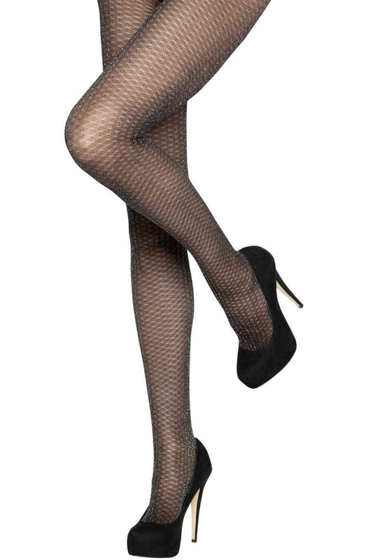 All over sparkle tights with high-heeled shoes on a white background