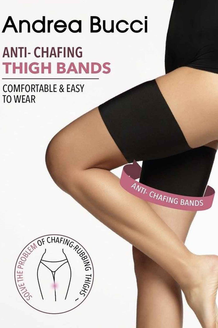 Andrea Bucci anti-chafing thigh bands on a person's legs with text about comfort and ease of wear.