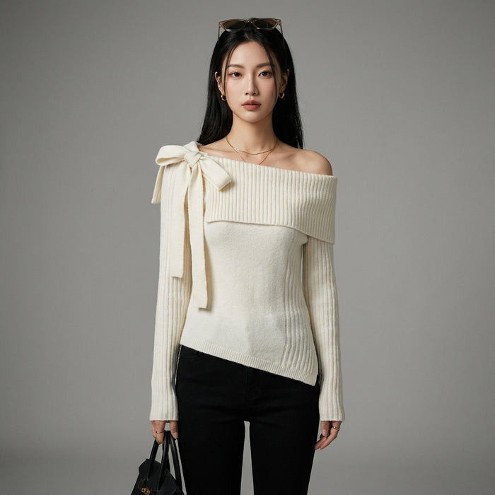 Pull asymétrique une épaule avec nœud, couleur unie - Koreanxwear - Taille S
