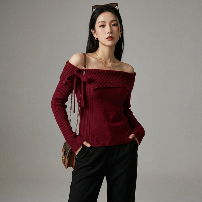 Pull asymétrique une épaule avec nœud, couleur unie - Koreanxwear - Taille S
