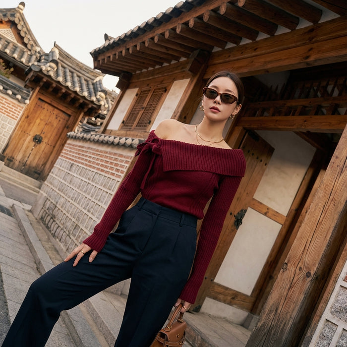 Pull asymétrique une épaule avec nœud, couleur unie - Koreanxwear