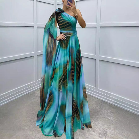 Autumn Winter Chiffon Printed Sloping Shoulder Dress Casual Loose Party Dress