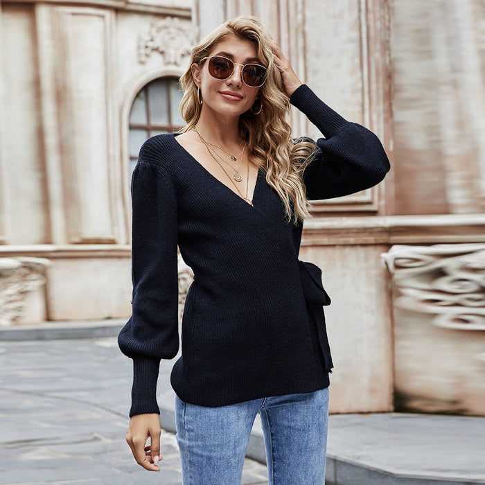 Autumn Winter New Lace up Office V neck Sweater Women Loose plus Size Fashionable Knitted Cardigan