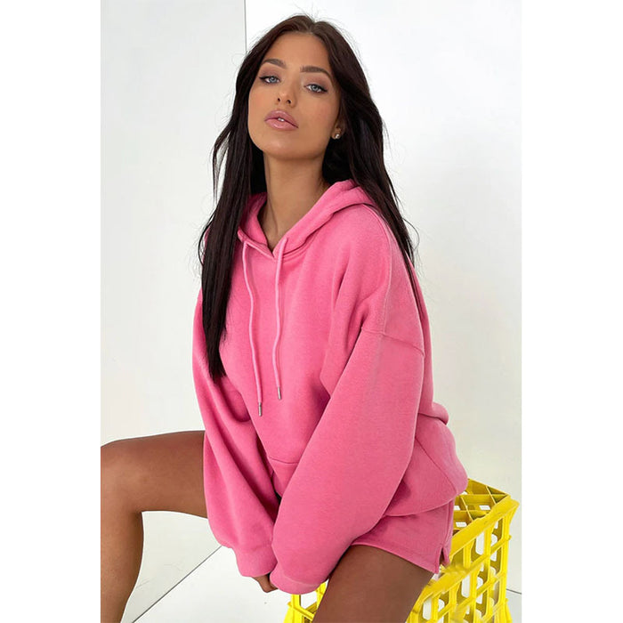 Autumn Winter Pure Color Thickened Fleece Lined Hooded Long Sleeve Sweater Women Casual Shorts Suit