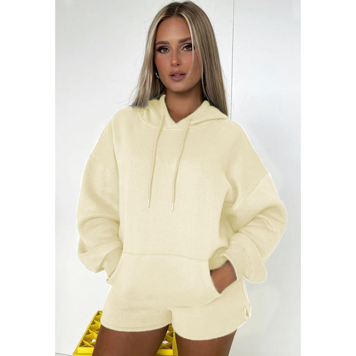 Autumn Winter Pure Color Thickened Fleece Lined Hooded Long Sleeve Sweater Women Casual Shorts Suit