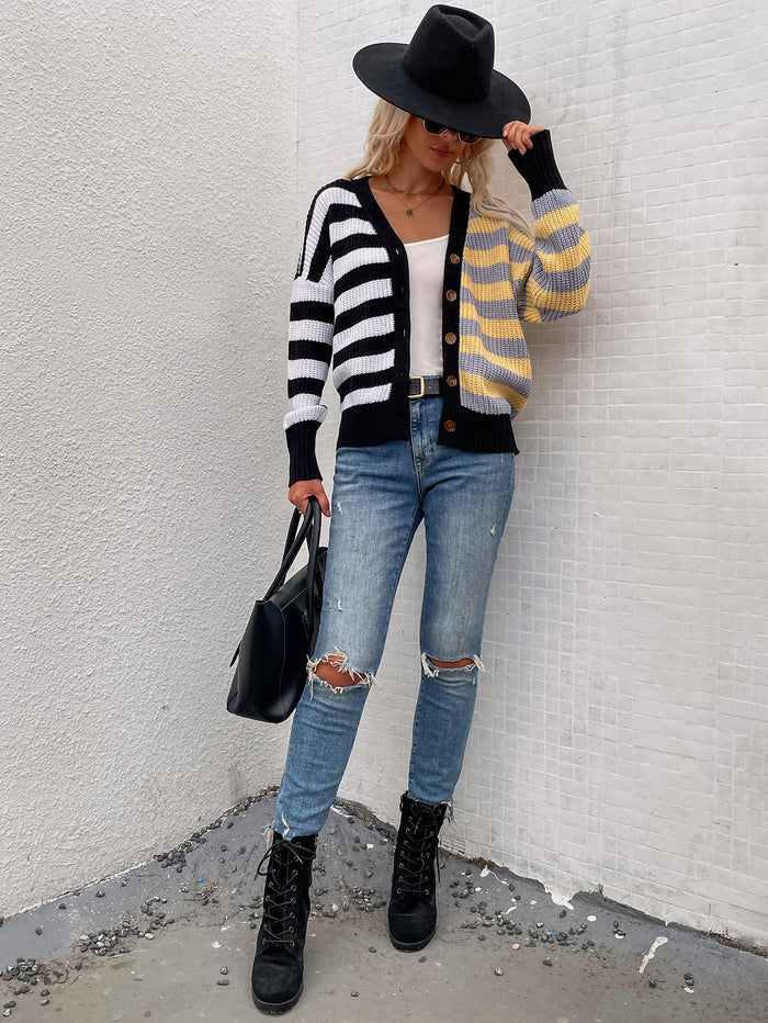 Autumn Winter Striped Fashion Loose Casual Sweater Single Breasted Cardigan Sweater for Women