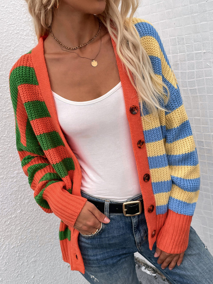Autumn Winter Striped Fashion Loose Casual Sweater Single Breasted Cardigan Sweater for Women