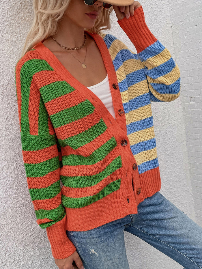 Autumn Winter Striped Fashion Loose Casual Sweater Single Breasted Cardigan Sweater for Women