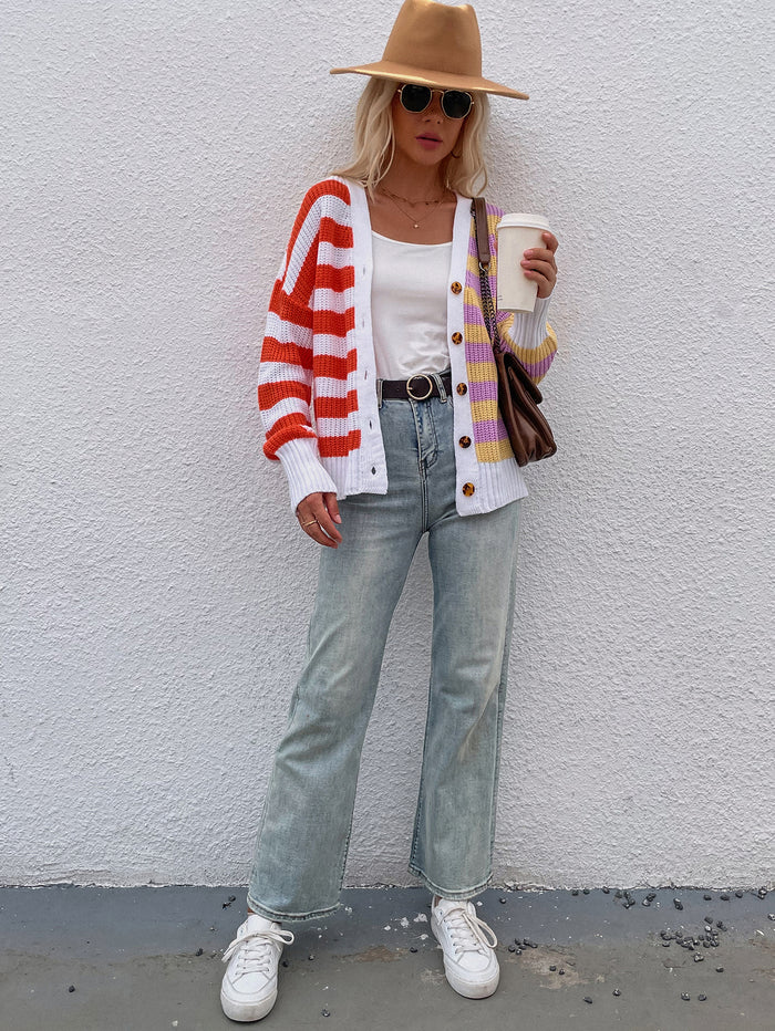 Autumn Winter Striped Fashion Loose Casual Sweater Single Breasted Cardigan Sweater for Women