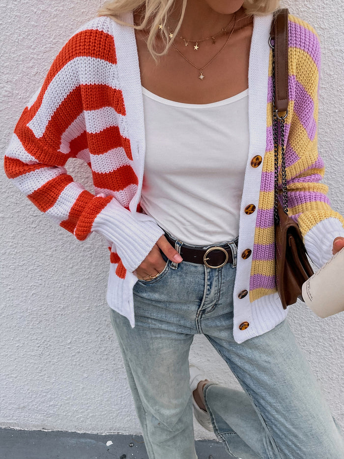 Autumn Winter Striped Fashion Loose Casual Sweater Single Breasted Cardigan Sweater for Women