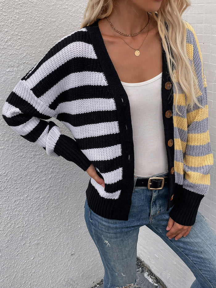 Autumn Winter Striped Fashion Loose Casual Sweater Single Breasted Cardigan Sweater for Women