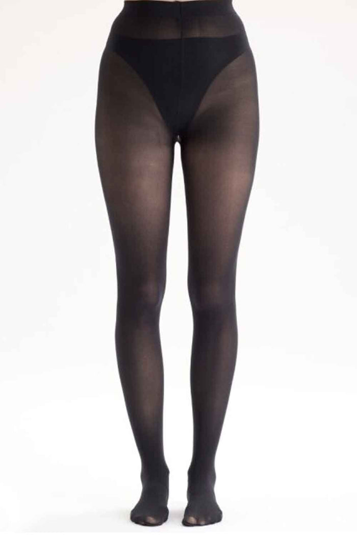 Black sheer tights on a white background with backseam stars