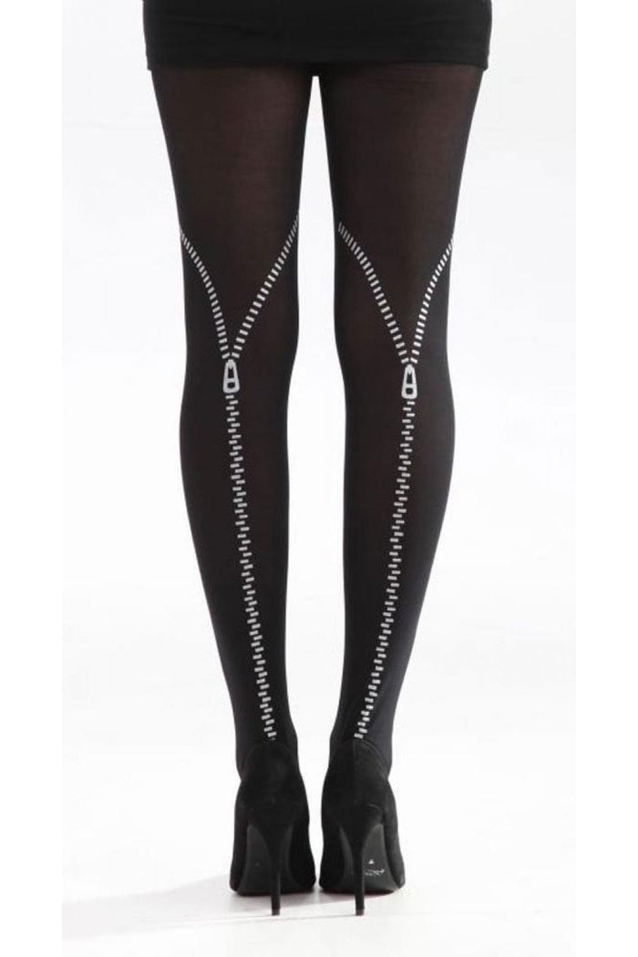 Black tights with zipper design worn by a person on a white background
