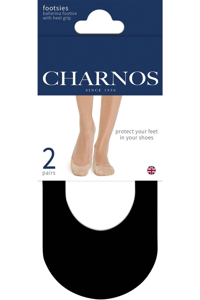 Charnos footsie packaging with a pair of feet wearing the product.