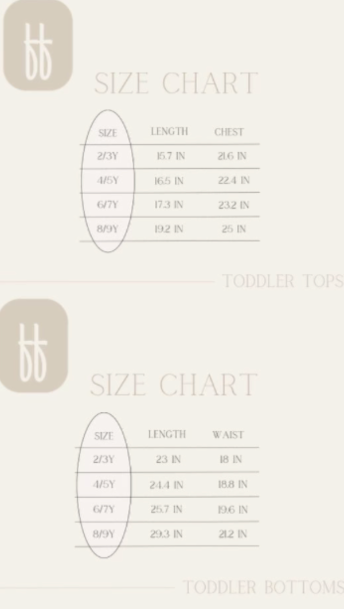 Here's a size chart for toddler tops and bottoms from Forever French Baby. The tops chart includes sizes 2/3Y, 4/5Y, 6/7Y, and 8/9Y with corresponding lengths and chest measurements. The bottoms chart includes the same sizes with corresponding lengths and waist measurements specifically for the Bamboo Two Piece Pajamas in Black Checkerboard by forever french baby.
