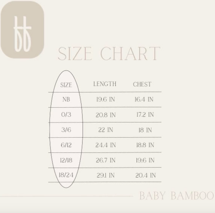 A size chart for the Bamboo Zip Pajamas | Olive Green by forever french baby, showcasing sizes NB, 0/3, 3/6, 6/12, 12/18, and 18/24. Lengths range from 19.6 to 29.1 inches and chest measurements from 16.4 to 20.4 inches. Perfect for your premium bamboo baby pajamas collection by ff club; the chart is displayed