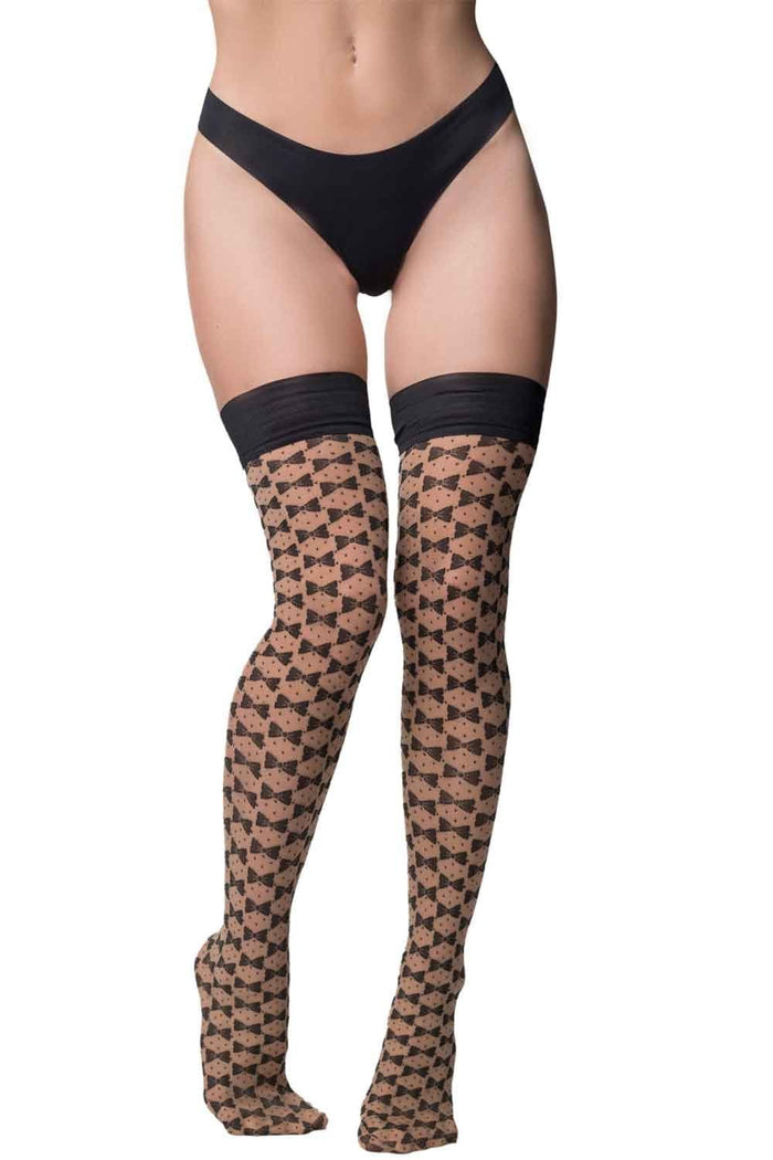 Trasparenze hold ups  worn with black underwear on a white background