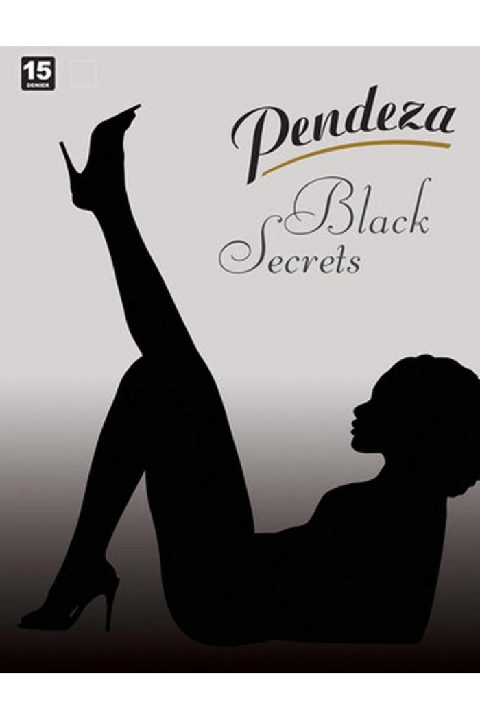 Silhouette of a woman with one leg raised, wearing high heels, against a gray background with 'Pendeza Black Secrets' text.