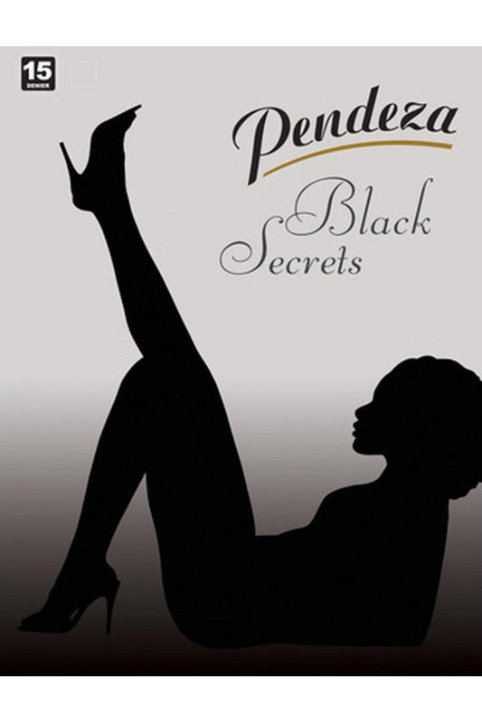 Silhouette of a woman with one leg raised, wearing high heels, against a gray background with 'Pendeza Black Secrets' text.