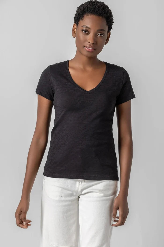 Black V-Neck Short Sleeve Seam Tee - Madison's Niche