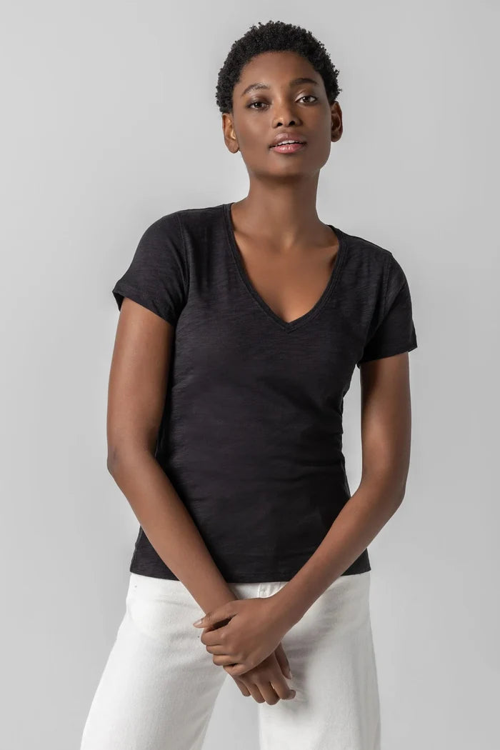 Black V-Neck Short Sleeve Seam Tee - Madison's Niche