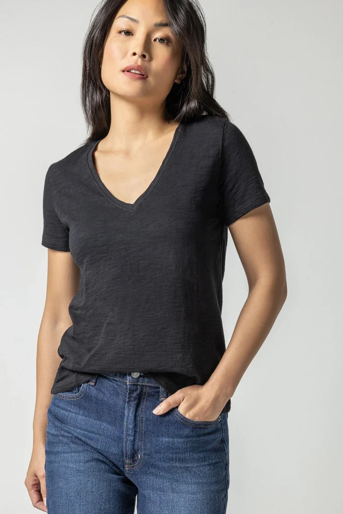 Black V-Neck Short Sleeve Seam Tee - Madison's Niche