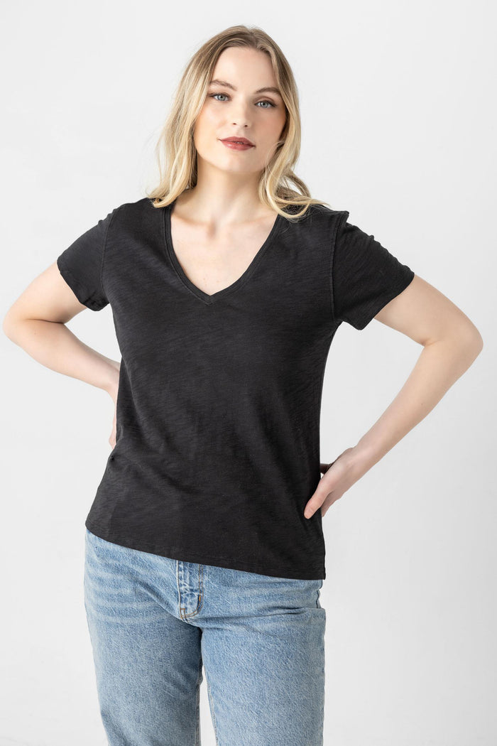 Black V-Neck Short Sleeve Seam Tee - Madison's Niche