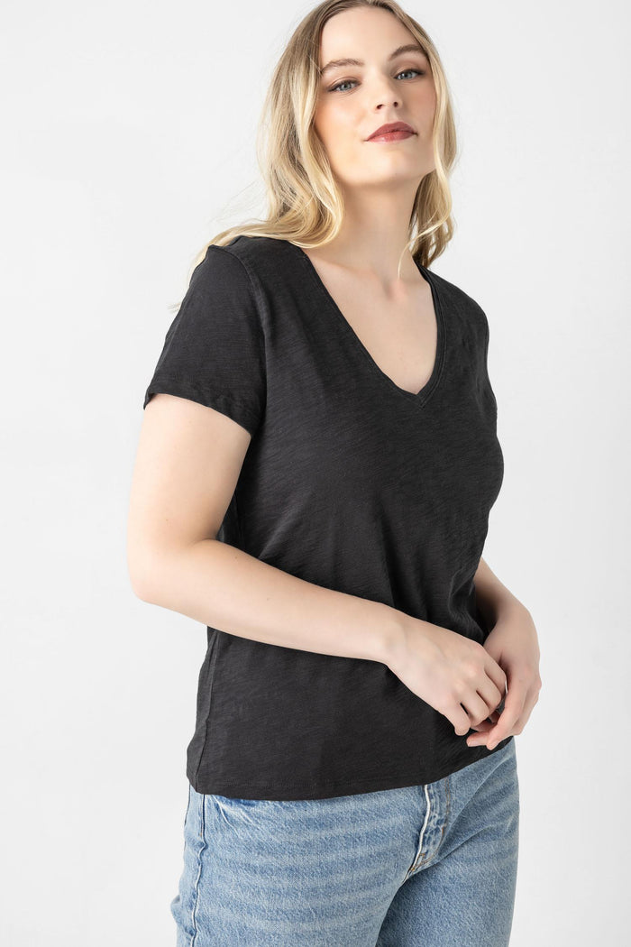 Black V-Neck Short Sleeve Seam Tee - Madison's Niche