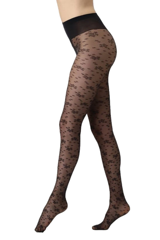 Black floral patterned tights on a white background